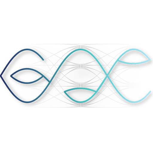 Abstract geometric design with interlocking loops in gradient blue and black lines.